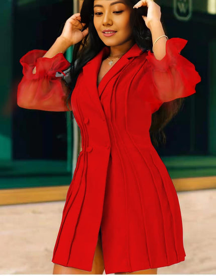 Red ruffle-pleated mini dress with sheer puff sleeves