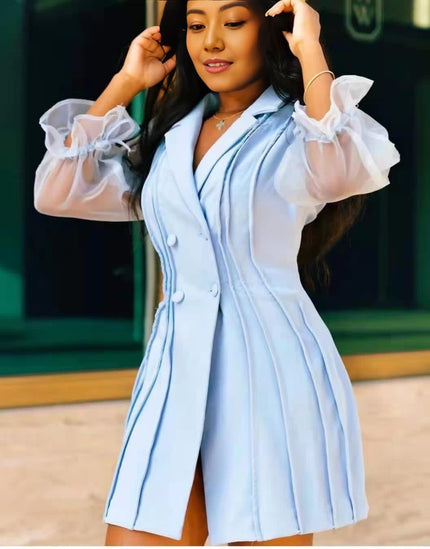 Pale turquoise ruffle-pleated mini dress, sheer puff sleeves