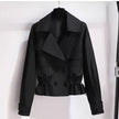 Black cropped double-breasted jacket with notched lapels and button front