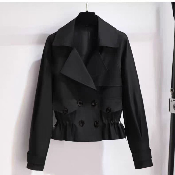 Black cropped double-breasted jacket with notched lapels and button front