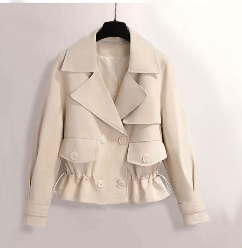 Cream cropped double-breasted jacket with notched lapels, flap pockets, button front