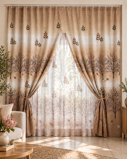 Taupe and brown tree-print window curtains with two draped panels and tiebacks