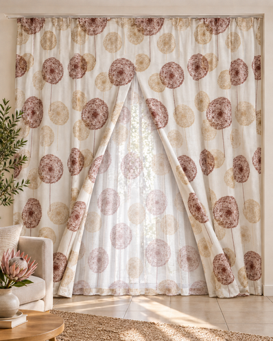 Beige and brown dandelion-pattern sheer window curtains with two panels and tiebacks