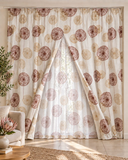 Beige and brown dandelion-pattern sheer window curtains with two panels and tiebacks