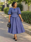 Women's blue geometric print puff sleeve two piece peplum top and midi skirt set