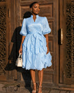 Midi Dress Stand Collar Puff Sleeves Tie Waist Tiered Ruffle Skirt For Afternoon Tea Social Party