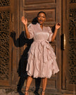 Midi Dress Stand Collar Puff Sleeves Tie Waist Tiered Ruffle Skirt For Afternoon Tea Social Party