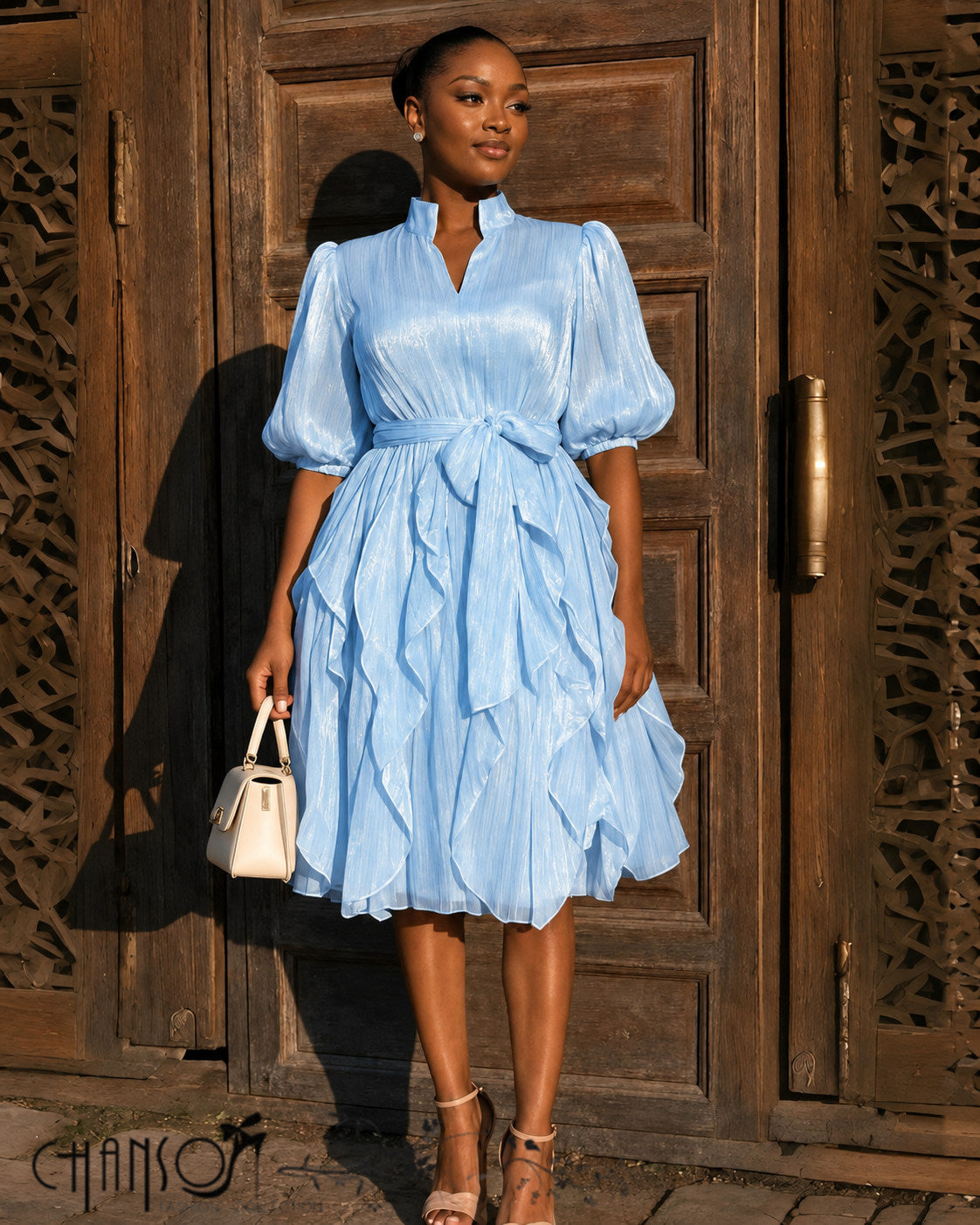 Midi Dress Stand Collar Puff Sleeves Tie Waist Tiered Ruffle Skirt For Afternoon Tea Social Party