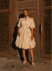 Midi Dress Stand Collar Puff Sleeves Tie Waist Tiered Ruffle Skirt For Afternoon Tea Social Party