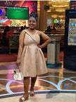 Gold glitter A-line dress, sleeveless V-neck with flared skirt