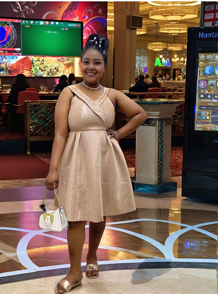 Gold glitter A-line dress, sleeveless V-neck with flared skirt
