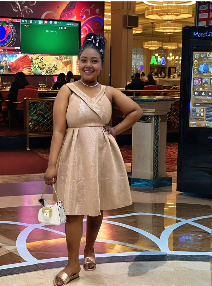 Gold glitter A-line dress, sleeveless V-neck with flared skirt