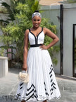 Ethnic Maxi Gown Dress V Neck Waist Band Pleated Skirt Geometric Arrow Motif For Ceremony Formal Dinner