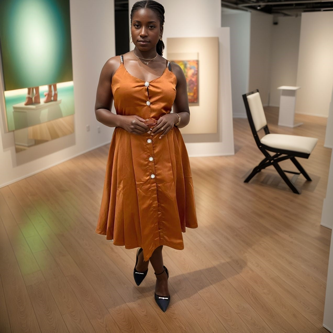 Rust orange sleeveless A-line midi dress with button placket and waist belt