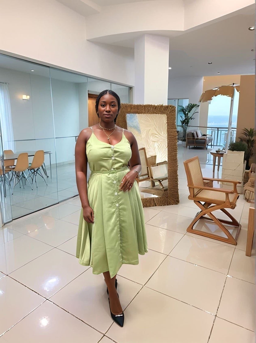 Mint green sleeveless A-line midi dress with button front and tied waist belt