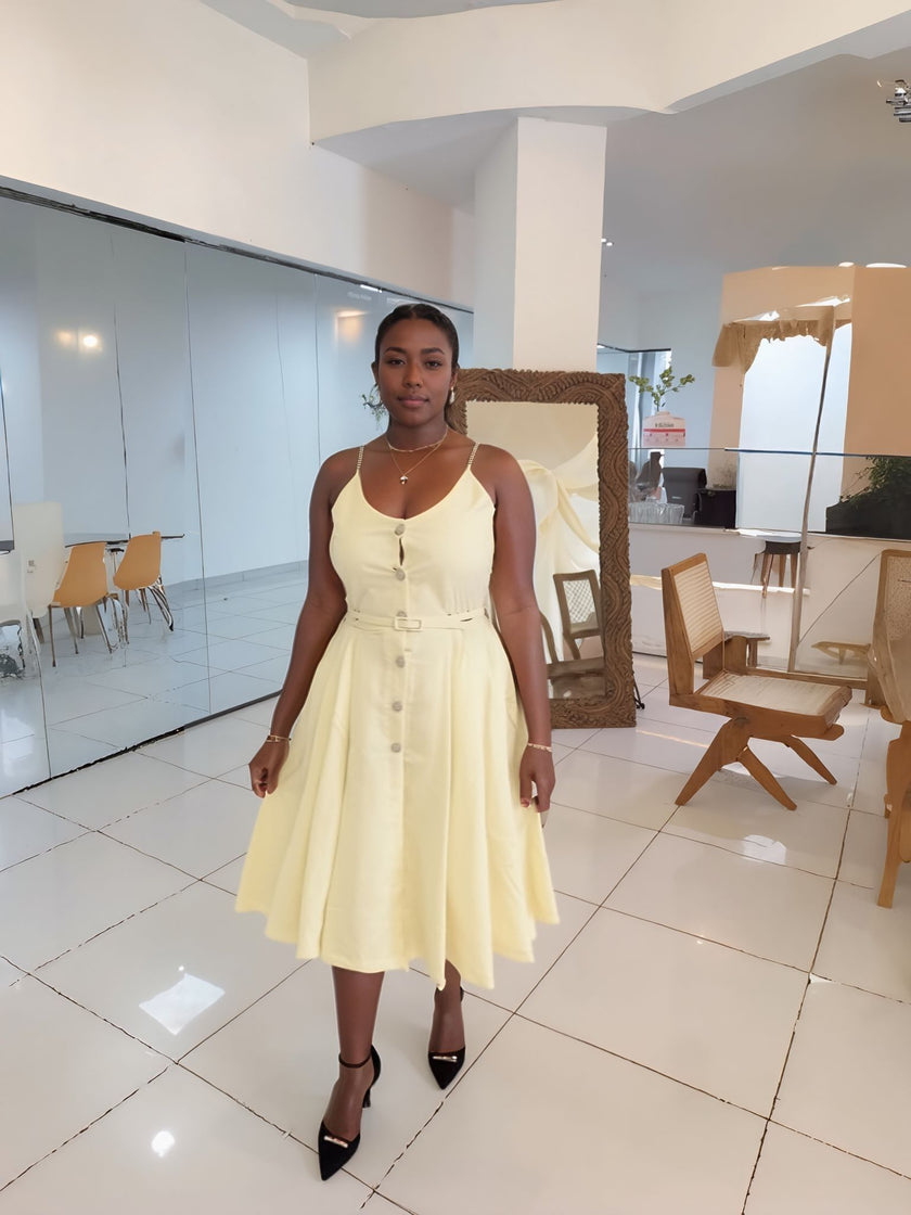 Cream sleeveless A-line midi dress with button front and waist belt