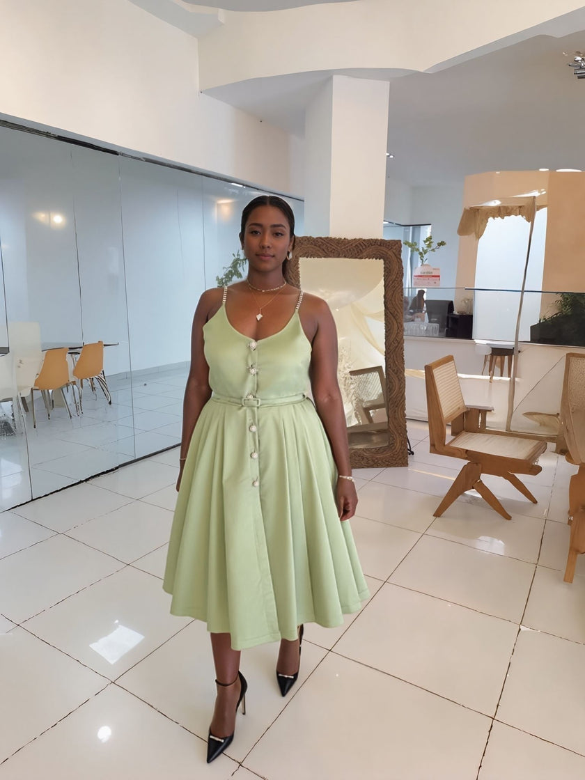 Light green sleeveless A-line midi dress with button front and waist belt