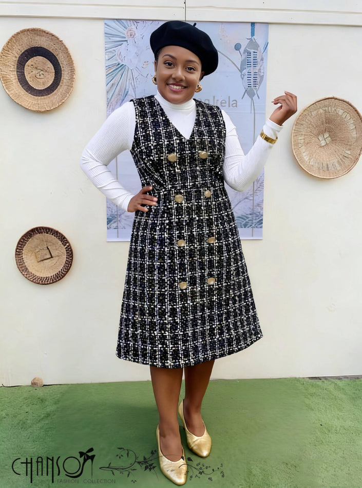 Black and white plaid double-breasted midi dress, V-neck with gold buttons