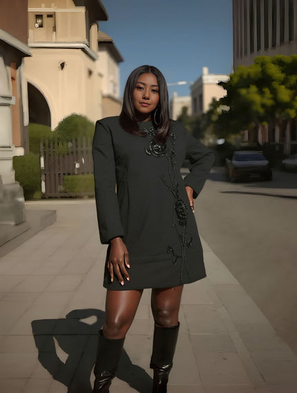 Black long-sleeve embroidered floral mini dress with round neckline