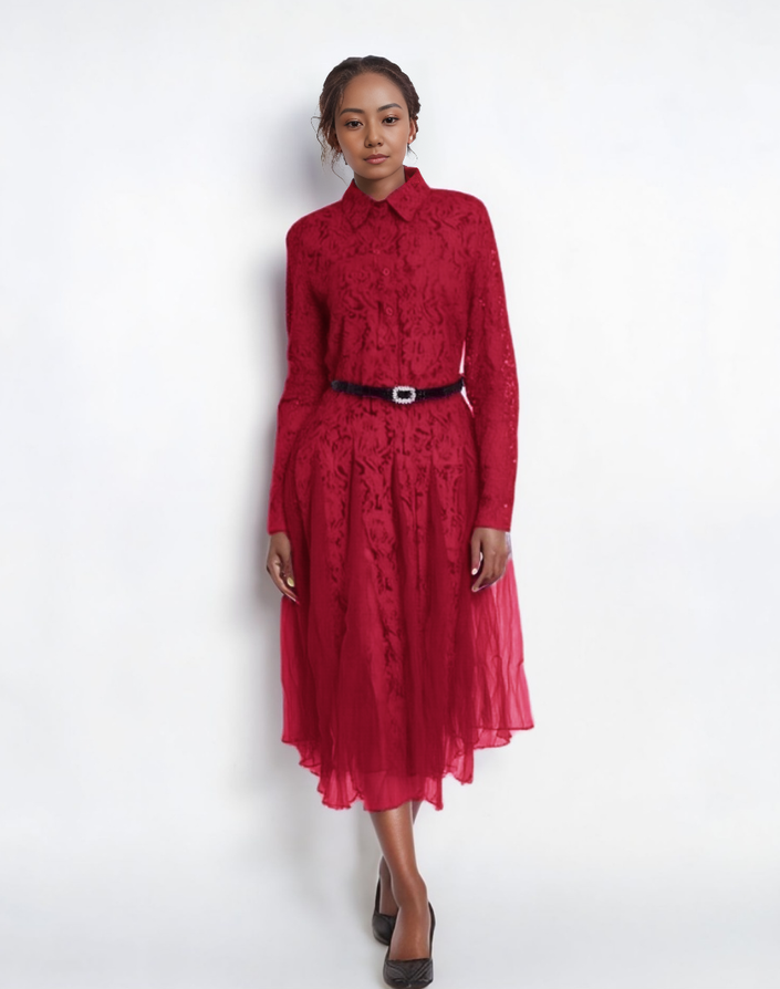 Red lace midi dress with long sleeves, belt, and flared midi tulle skirt
