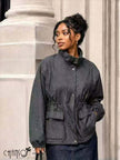 Stand Collar Drawstring Waist Utility Jacket Snap Button Flap Pocket City Street Outfit