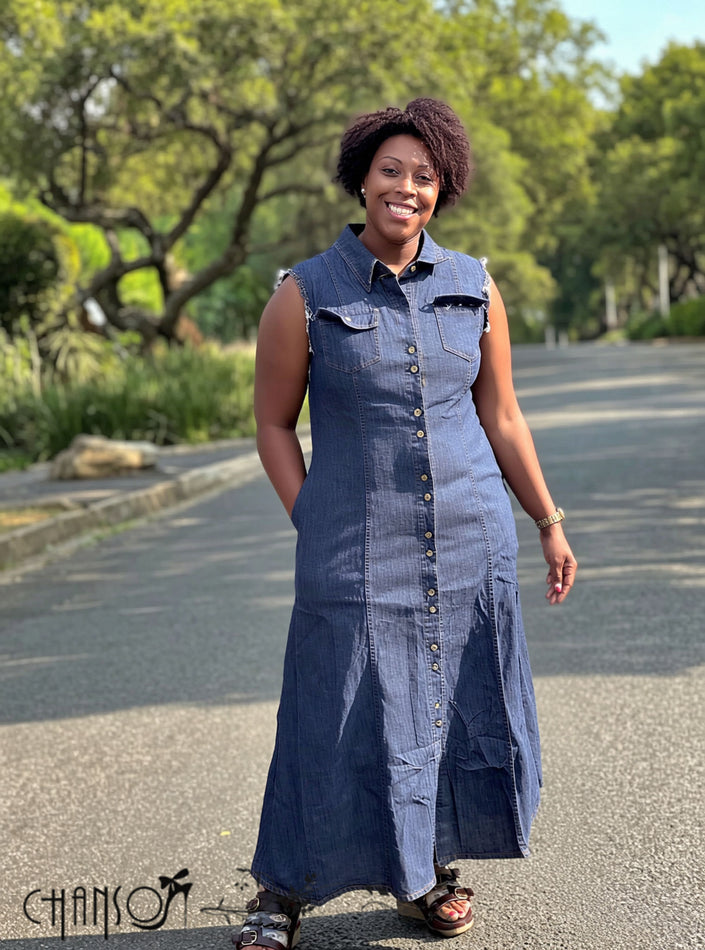 Blue sleeveless denim maxi dress, collared button front, side pockets, fringe armholes