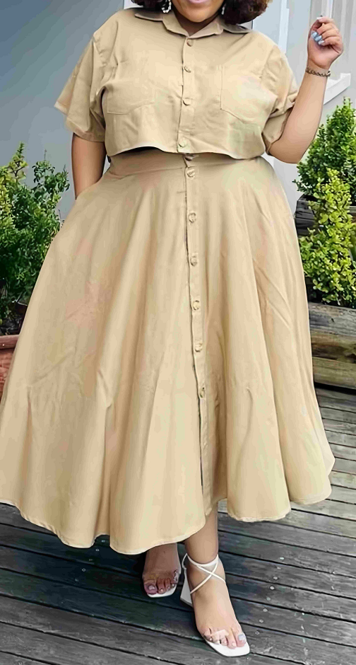 Midi dress with flared skirt, beige button-up bodice and short sleeves