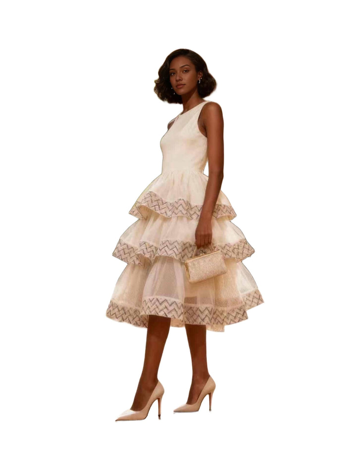 Layered midi dress, sleeveless, tiered ruffle skirt in light beige with lace trim