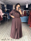 Solid brown long sleeve shirt and pleated maxi skirt two piece set, plus size women's apparel from FashionPrice South Africa - view 2