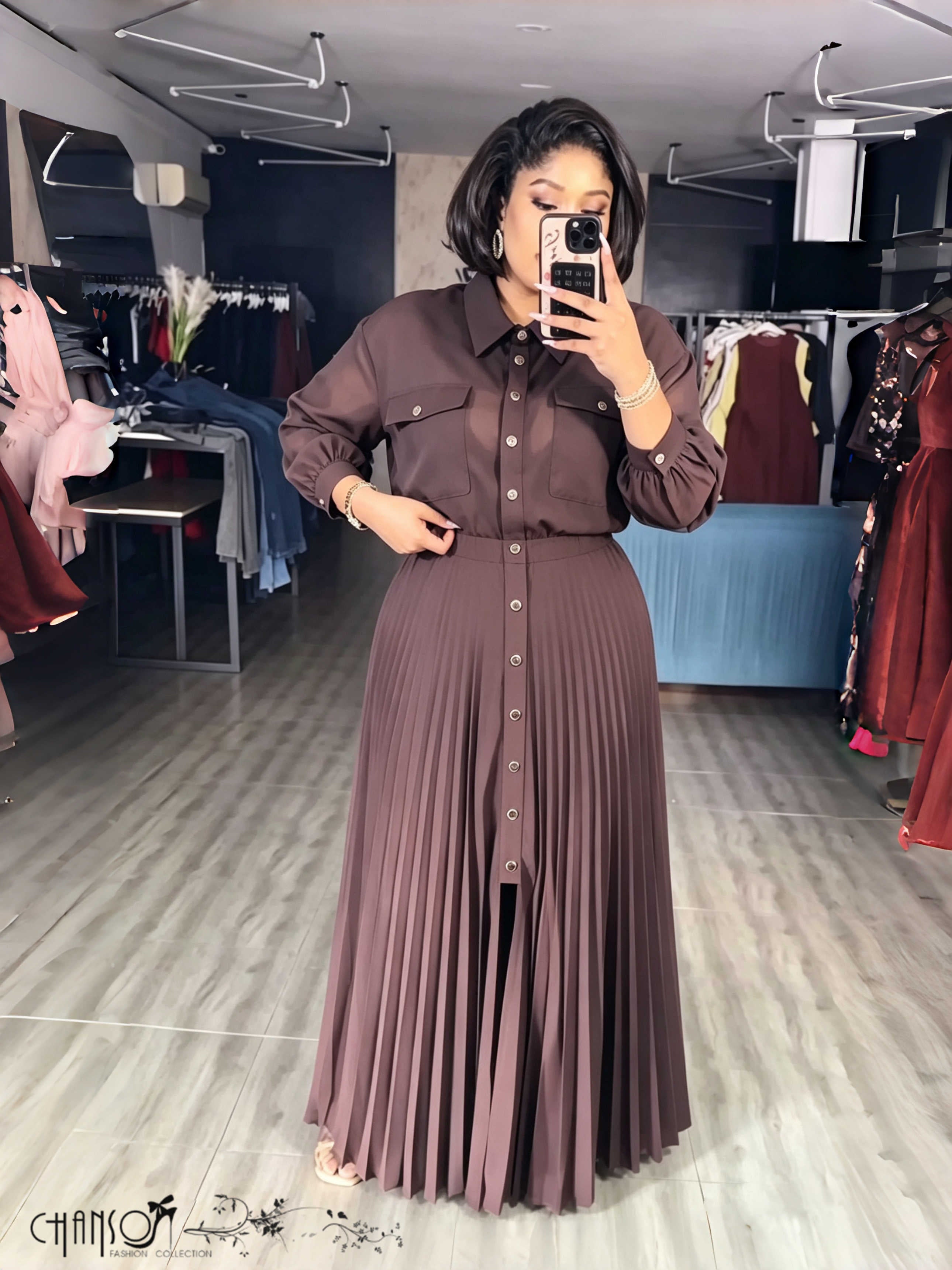 Solid brown long sleeve shirt and pleated maxi skirt two piece set, plus size women's apparel from FashionPrice South Africa - view 2