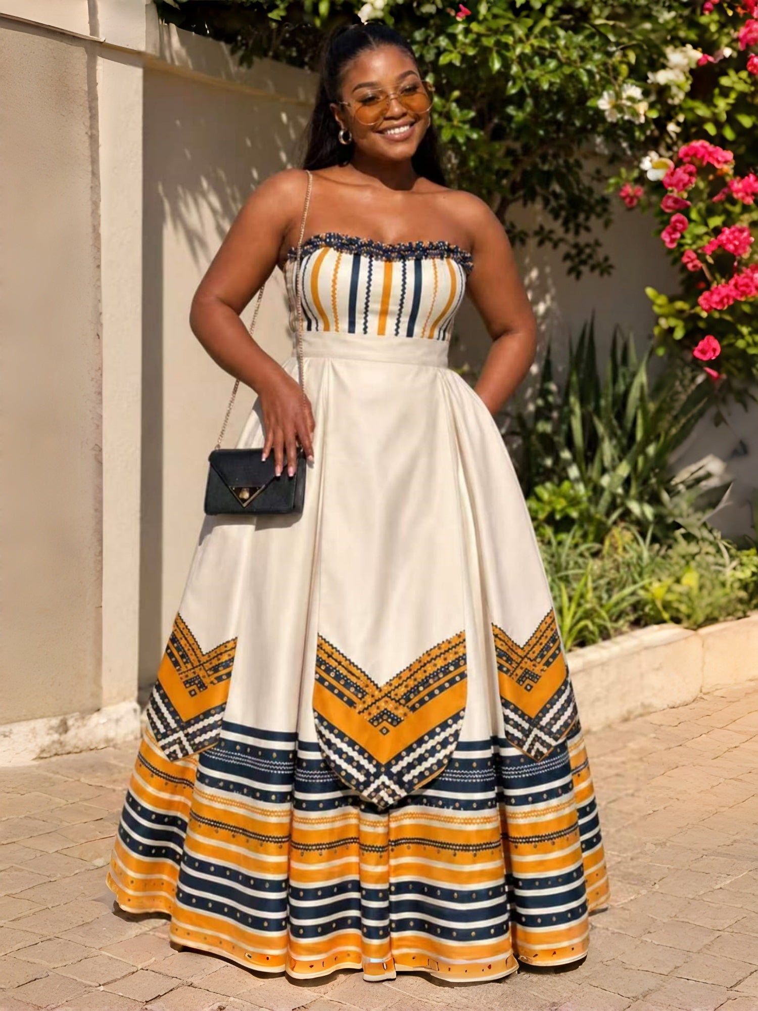 Strapless geometric print cream mustard navy Traditional maxi dress for women