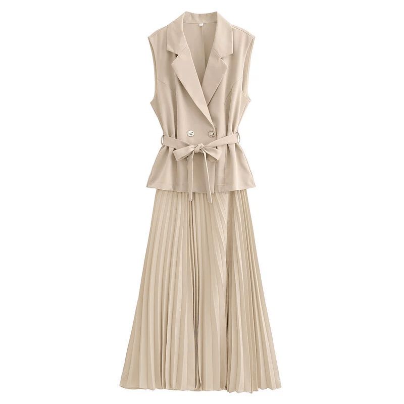 Beige belted sleeveless blazer and pleated midi skirt set, peplum detail