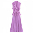 Light-Purple belted sleeveless blazer and pleated midi skirt set, peplum top