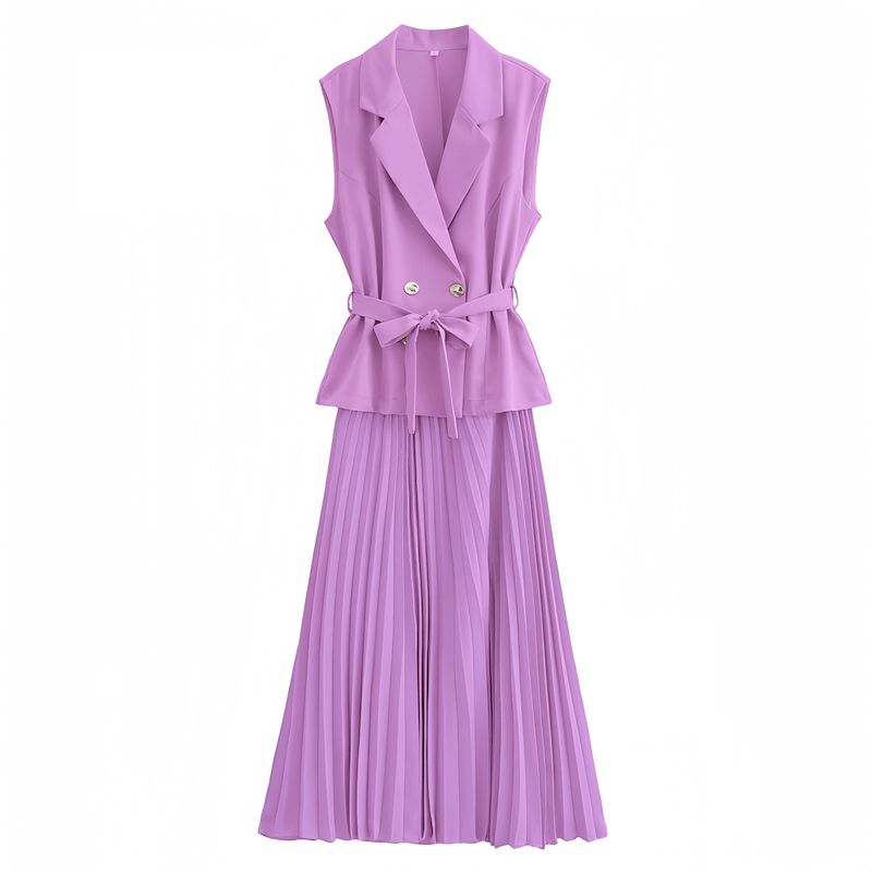 Light-Purple belted sleeveless blazer and pleated midi skirt set, peplum top