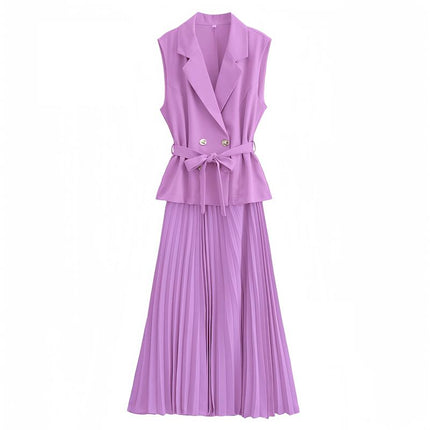 Light-Purple belted sleeveless blazer and pleated midi skirt set, peplum top