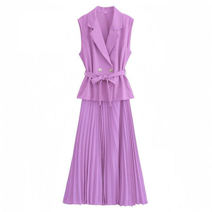 Light-purple belted sleeveless blazer and pleated midi skirt twin set