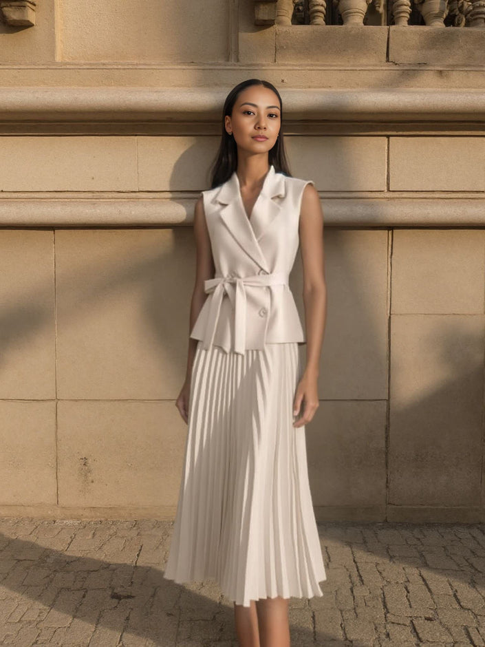 Cream belted sleeveless blazer with pleated midi skirt