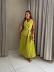 Yellow-Green belted sleeveless blazer and pleated midi skirt set, flowing pleats