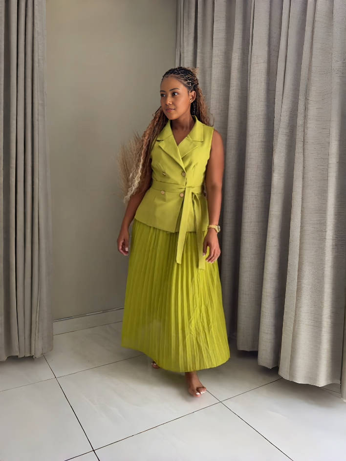 Yellow-Green belted sleeveless blazer and pleated midi skirt set, flowing pleats