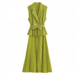 Yellow-Green belted sleeveless blazer and pleated midi skirt set, peplum top