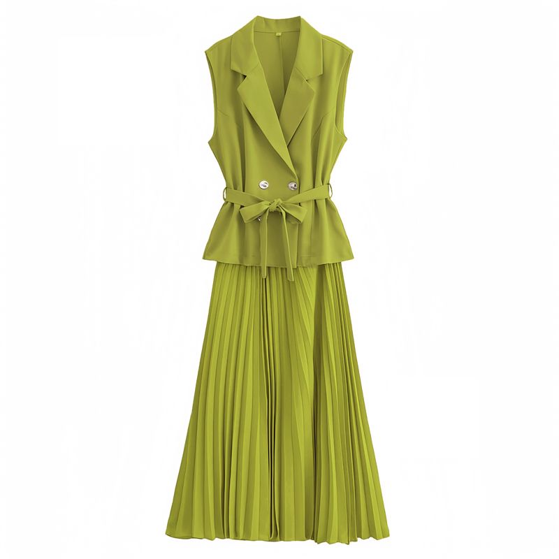 Yellow-Green belted sleeveless blazer and pleated midi skirt set, peplum top