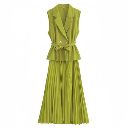 Yellow-Green belted sleeveless blazer and pleated midi skirt set, peplum top