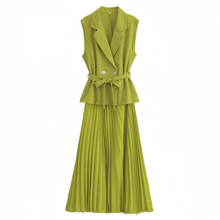 Yellow-green belted sleeveless blazer and pleated midi skirt twin set