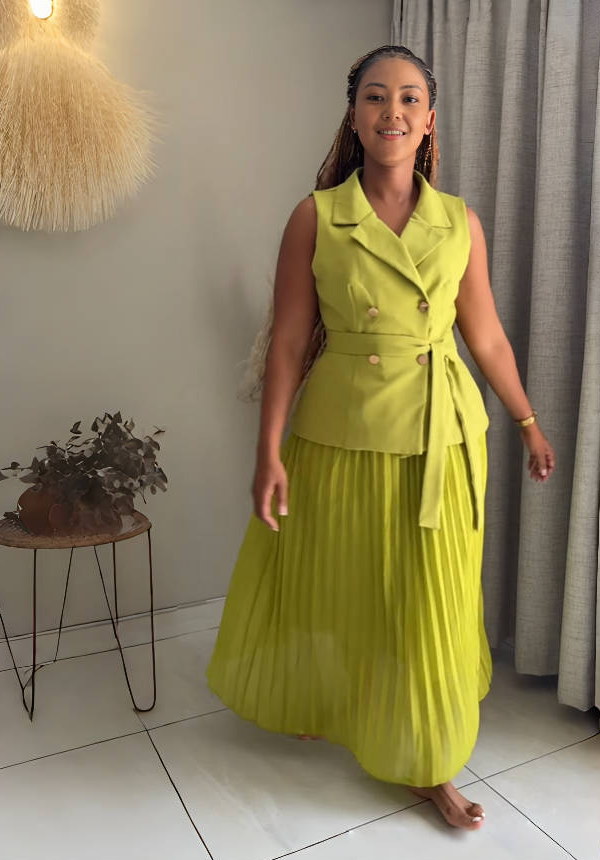 Yellow-Green belted sleeveless blazer and pleated midi skirt set, double-breasted