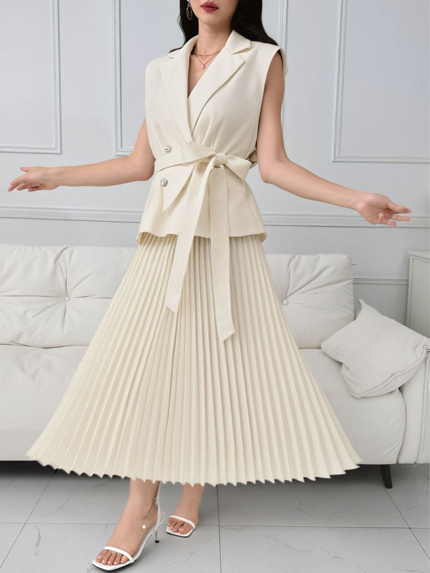 Cream sleeveless belted blazer set with pleated midi skirt, V-neck wrap styling