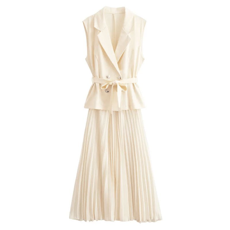 Cream belted sleeveless blazer and pleated midi skirt set with peplum