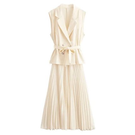 Cream belted sleeveless blazer and pleated midi skirt set with peplum