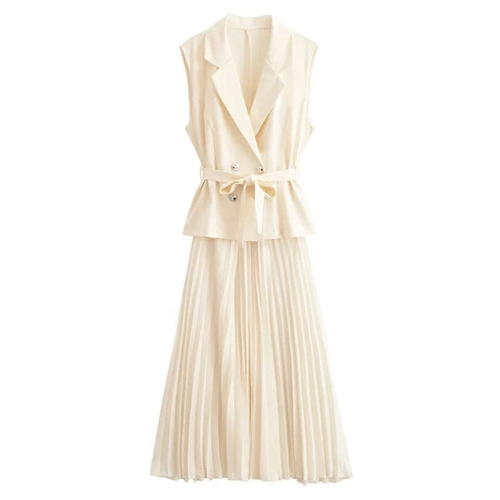 Cream belted sleeveless blazer with peplum and pleated midi skirt