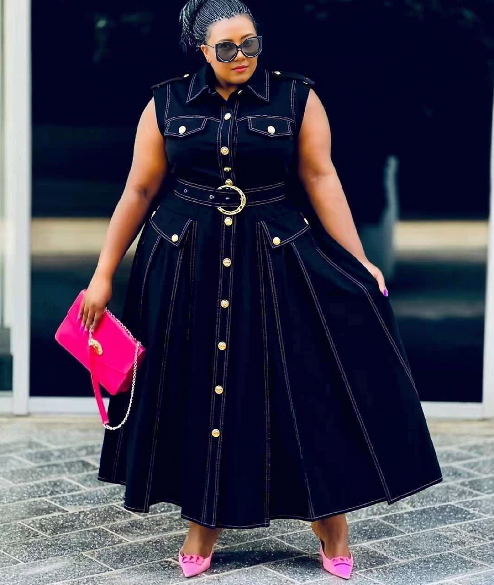 Black belted contrast stitch sleeveless midi dress for women