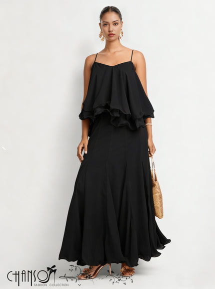 Black layered ruffle evening dress with spaghetti straps and tiered skirt